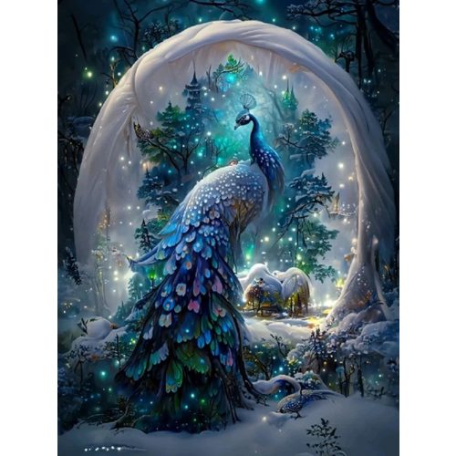 Páva hókapuban - Prémium Gyémántszemes Kirakó Különleges AB és tündérporos kör alakú Gyémántokkal 40x50cm