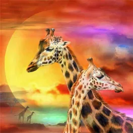   Zsiráfok naplementében kör alakú kreatív gyémánt kirakó 30x40 cm