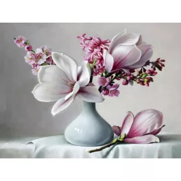   Magnóliák vázában kör alakú kreatív gyémánt kirakó 30x40