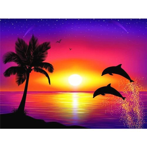 Delfinek a naplementében Kör alakú Gyémántszemes kirakó 30x40