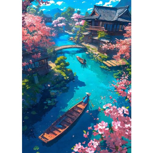 Tó a Sakura fák alatt kör alakú kreatív gyémánt kirakó 30x40