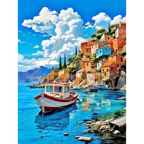 Csónak a tengerparton kör alakú kreatív gyémánt kirakó 30x40