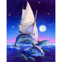   Delfinek a hajó előtt kör alakú kreatív gyémánt kirakó 30x40