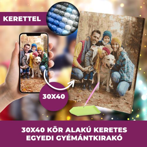 Gyémánt kirakó saját fotóról kör alakú gyémántszemekkel 30x40cm keretre feszítve