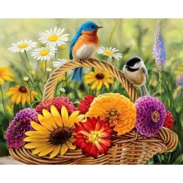   Virágkosár madarakkal kör alakú kreatív gyémánt kirakó 30x40