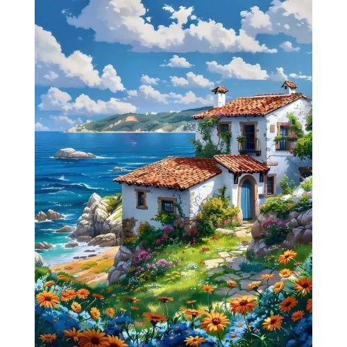 Virágos hegyoldal a tengerparton kör alakú kreatív gyémánt kirakó 30x40