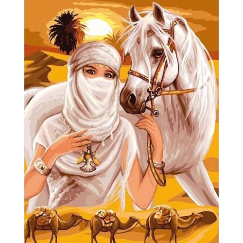 Arab hölgy fehér lóval kör alakú kreatív gyémántszemes kirakó 40x50