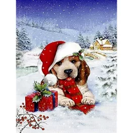   Mikulás sapkás kiskutya kör alakú kreatív gyémánt kirakó 30x40