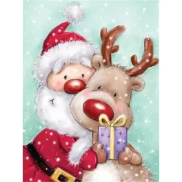   Mikulás nagy rénszarvassal kör alakú kreatív gyémánt kirakó 30x40