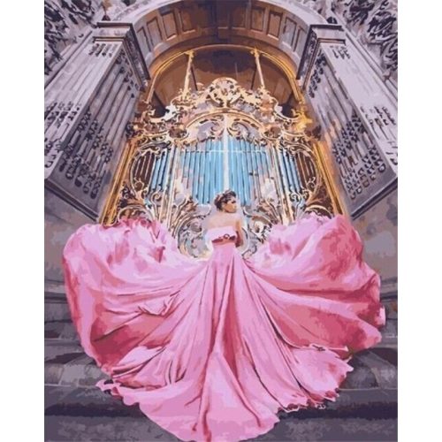 Nő rózsaszín ruhában kör alakú kreatív gyémánt kirakó 30x40