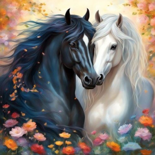 Fekete és fehér ló kör alakú kreatív gyémánt kirakó 50x50