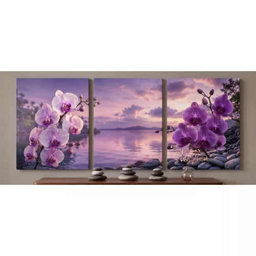 Orchideák a tóparton 3 részes kép – 1. rész kör alakú kreatív gyémánt kirakó 30x40