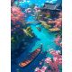 Tó a Sakura fák alatt négyzet alakú kreatív gyémánt kirakó 30x40