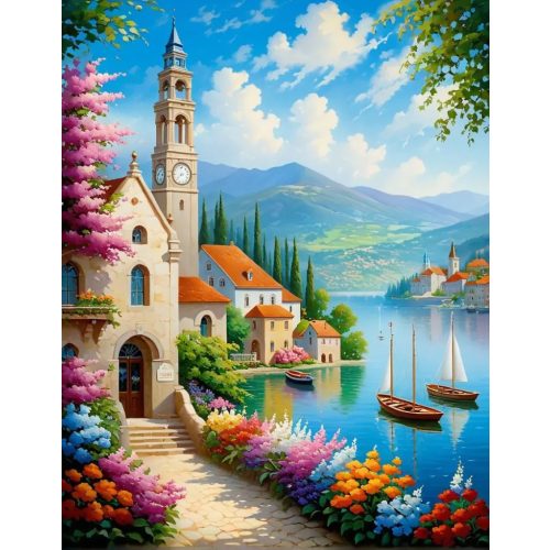 Templom a tengerparton négyzet alakú kreatív gyémánt kirakó 30x40