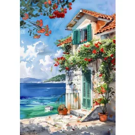   Ház a tengerparton négyzet alakú kreatív gyémánt kirakó 30x40