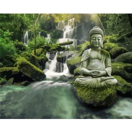  Buddha szobor a vízesesnél négyzet alakú kreatív gyémánt kirakó 30x40