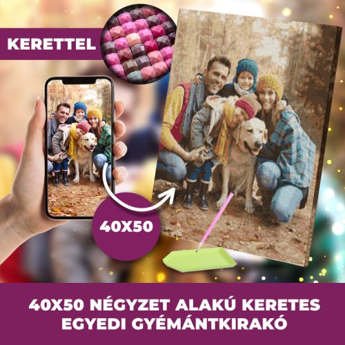 Gyémánt kirakó saját fotóról négyzet alakú gyémántszemekkel 40x50cm keretre feszítve