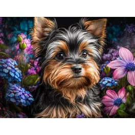   Kutyus virágok között négyzet alakú kreatív gyémánt kirakó 30x40