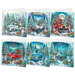  Téli hangulatos autós képeslapok gyémántszemes kirakó csomag 6 db képeslappal