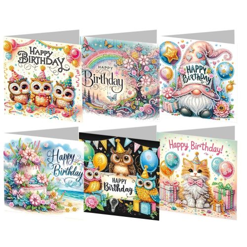 Happy Birthday képeslapok gyémántszemes kirakó csomag 6 db képeslappal