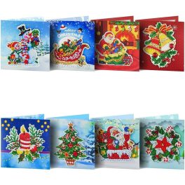   Kék piros alaú karácsonyi képeslapok gyémántszemes kirakó csomag 8 db képeslappal