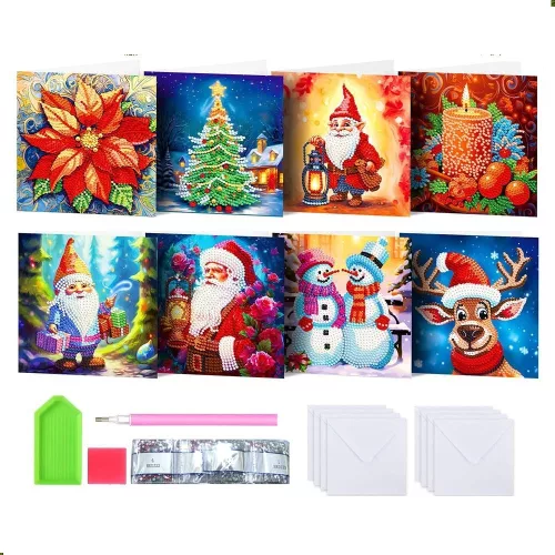 Mikulás virágos karácsonyi képeslapok gyémántszemes kirakó csomag 8 db képeslappal