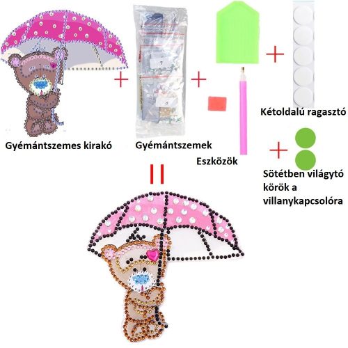 Maci esernyővel gyémántszemmel kirakható dísz villanykapcsolóhoz