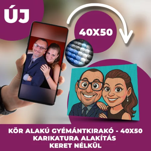 Gyémánt kirakó saját fotóról Karikatúra kivitelben  kör alakú gyémántszemekkel 40x50cm