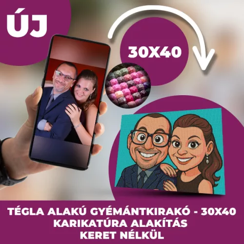 Gyémánt kirakó saját fotóról Karikatúra kivitelben  négyzet alakú gyémántszemekkel 30x40cm