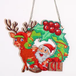   Mikulás rénszarvassal Karácsonyi ajtó kopogtató függő dísz Gyémántszemes kirakó