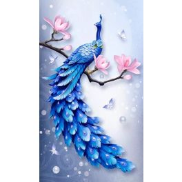   Kék páva virág ágon kör alakú kreatív gyémánt kirakó 40x50