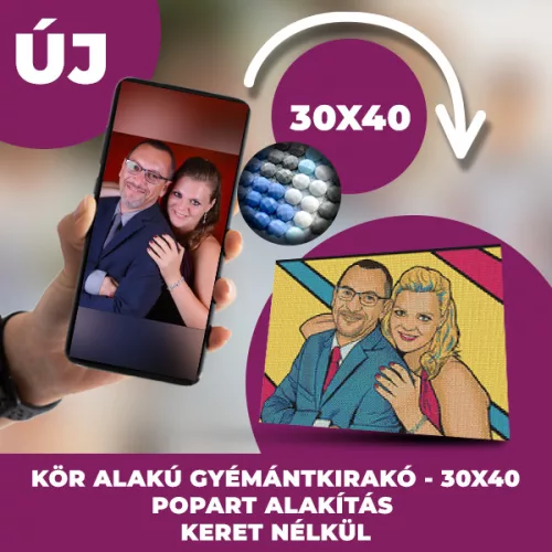 Gyémánt kirakó saját fotóról Pop Art Kivitelben kör alakú gyémántszemekkel 30x40cm