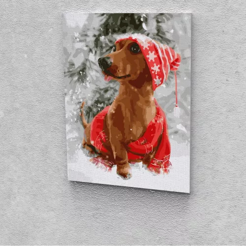 Tacskó karácsonyi ruhában festés számok alapján kreatív készlet kerettel