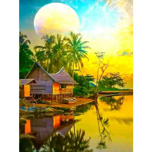 Holdfény a folyóparton Négyzet alakú Gyémántszemes kirakó 30x30