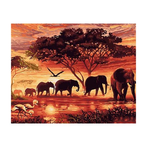 Elefántok a naplementébe festés számok alapján kreatív készlet kerettel