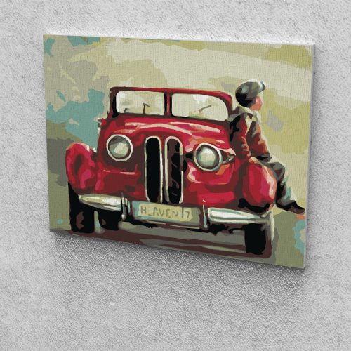 Kisfiú a piros autón festés számok alapján kreatív készlet keret nélkül