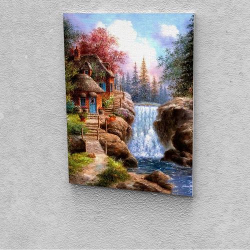 Házikó a vízesés mellett festés számok alapján kreatív készlet keret nélkül