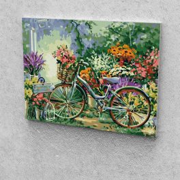   Bicikli a virágos kertben festés számok alapján kreatív készlet kerettel 50x60