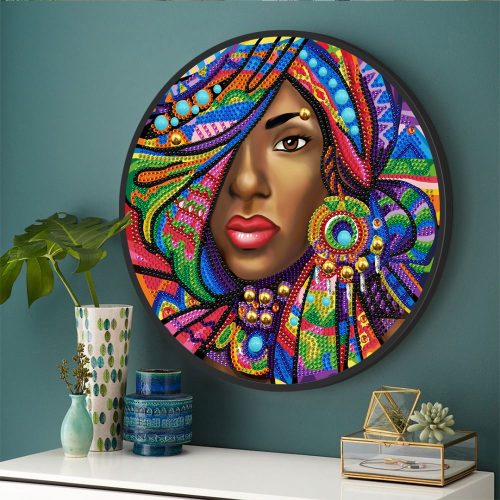 Afrikai nő különleges kör alakú Gyémántszemes kirakó kör alakú plexi kerettel 
